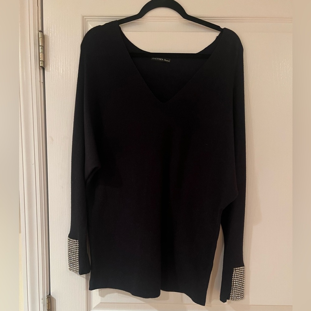 ZANNZA Couture Black Sweater with Rhinestone Cuffs